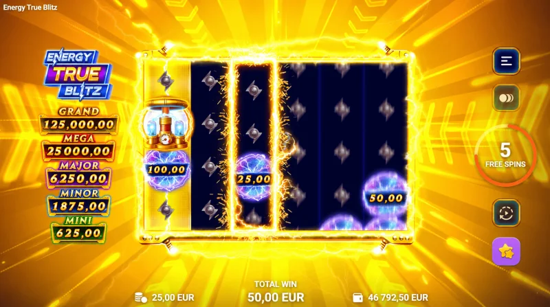 Energy True Blitz - молњи и вртења во главната игра